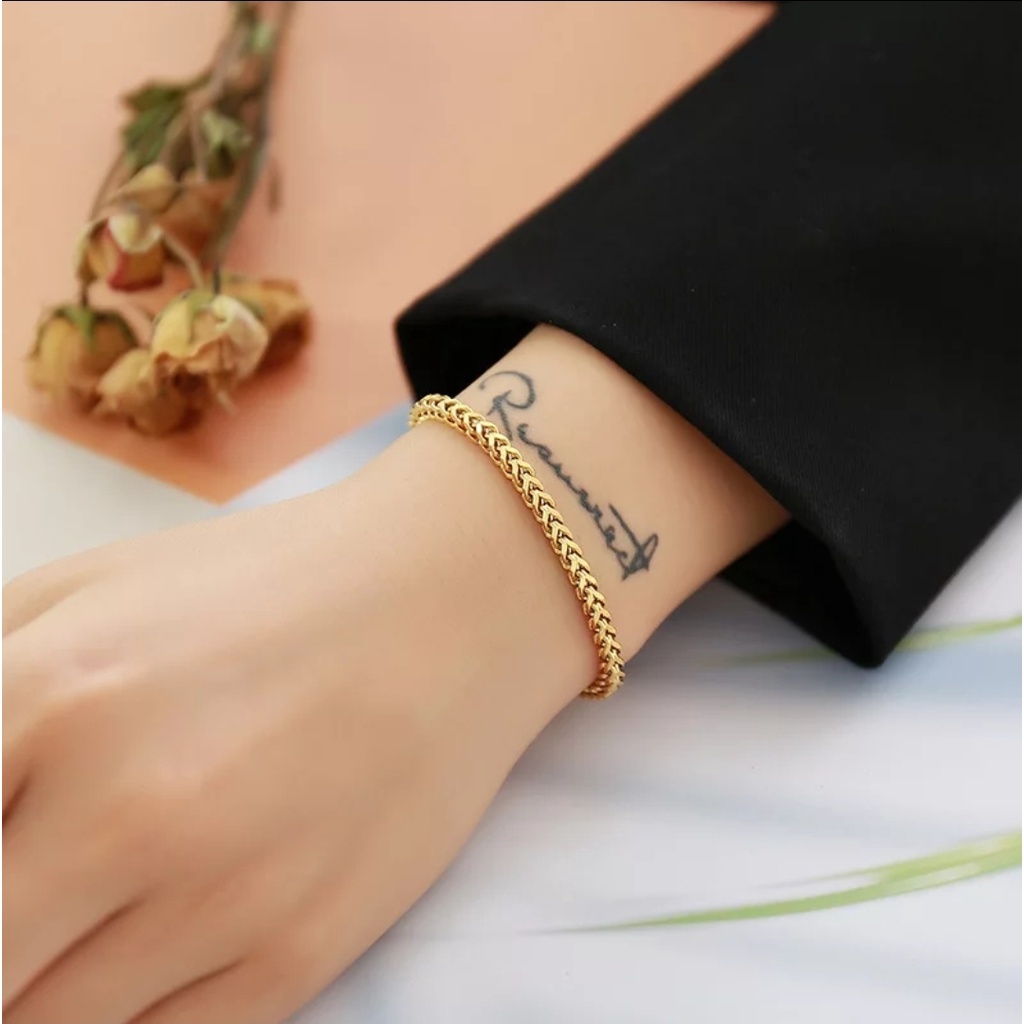 Gelang Serut Rantai Gandum Tali Baja Tahan Karat Warna Rose Gold, Gold dan Silver