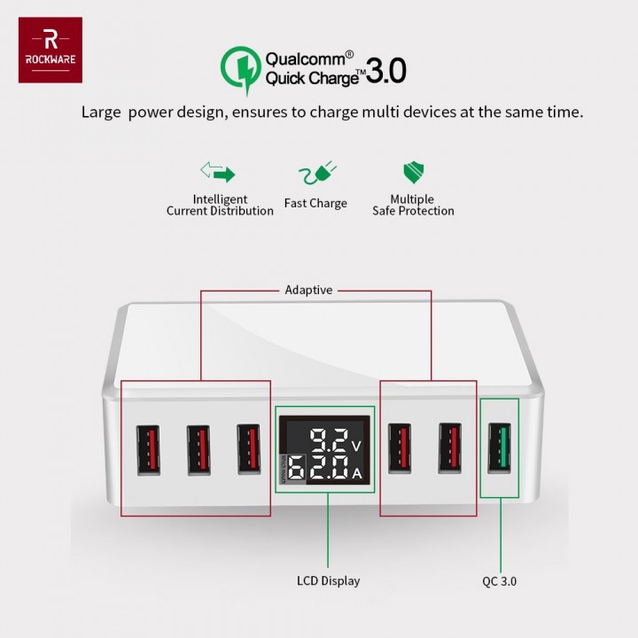 ROCKWARE WLX-T9 Plus - Intelligent 6 USB Charger LED Display - 40W