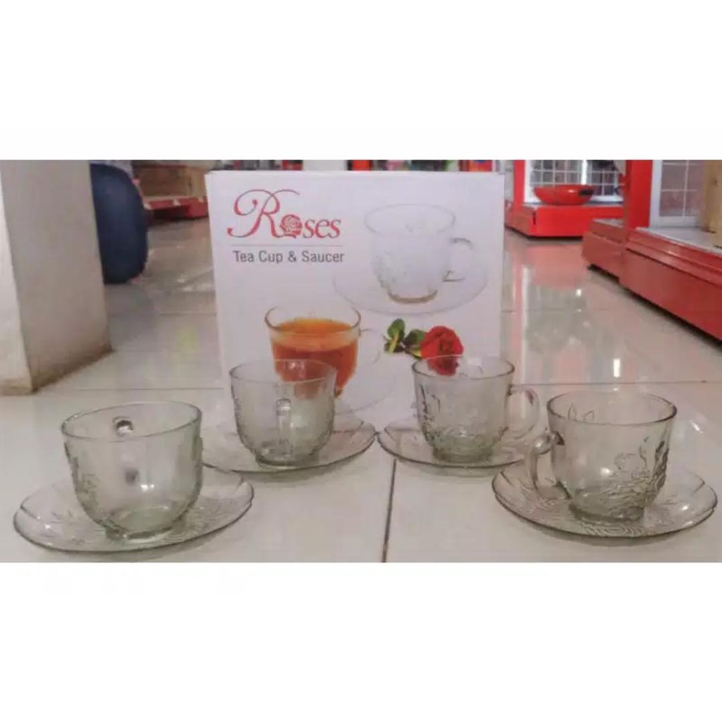 TEA CUP + SAUCER ROSES / cangkir kaca set / cangkir + tatakan satu set / gelas kado / kado nikah / c