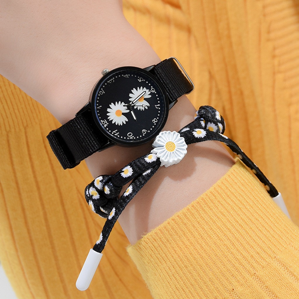 MURMURE.ID | JAM TANGAN ANALOG WANITA MODEL BULAT BUNGA DAISY HITAM IMPORT MURAH FW014-3