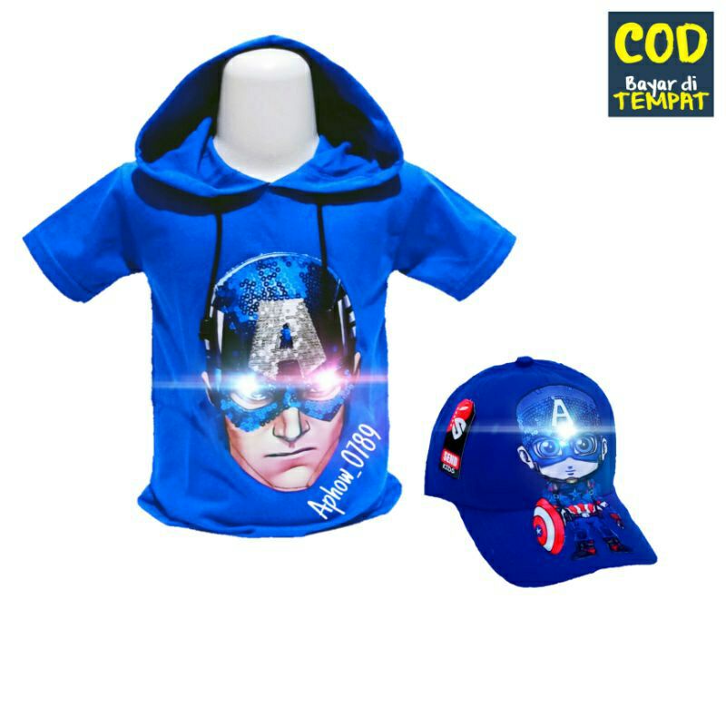 2in1 kaos anak captain america kaos hoodie dan topi anak LED bisa nyala baju kaos anakbusia 1-10 tahun