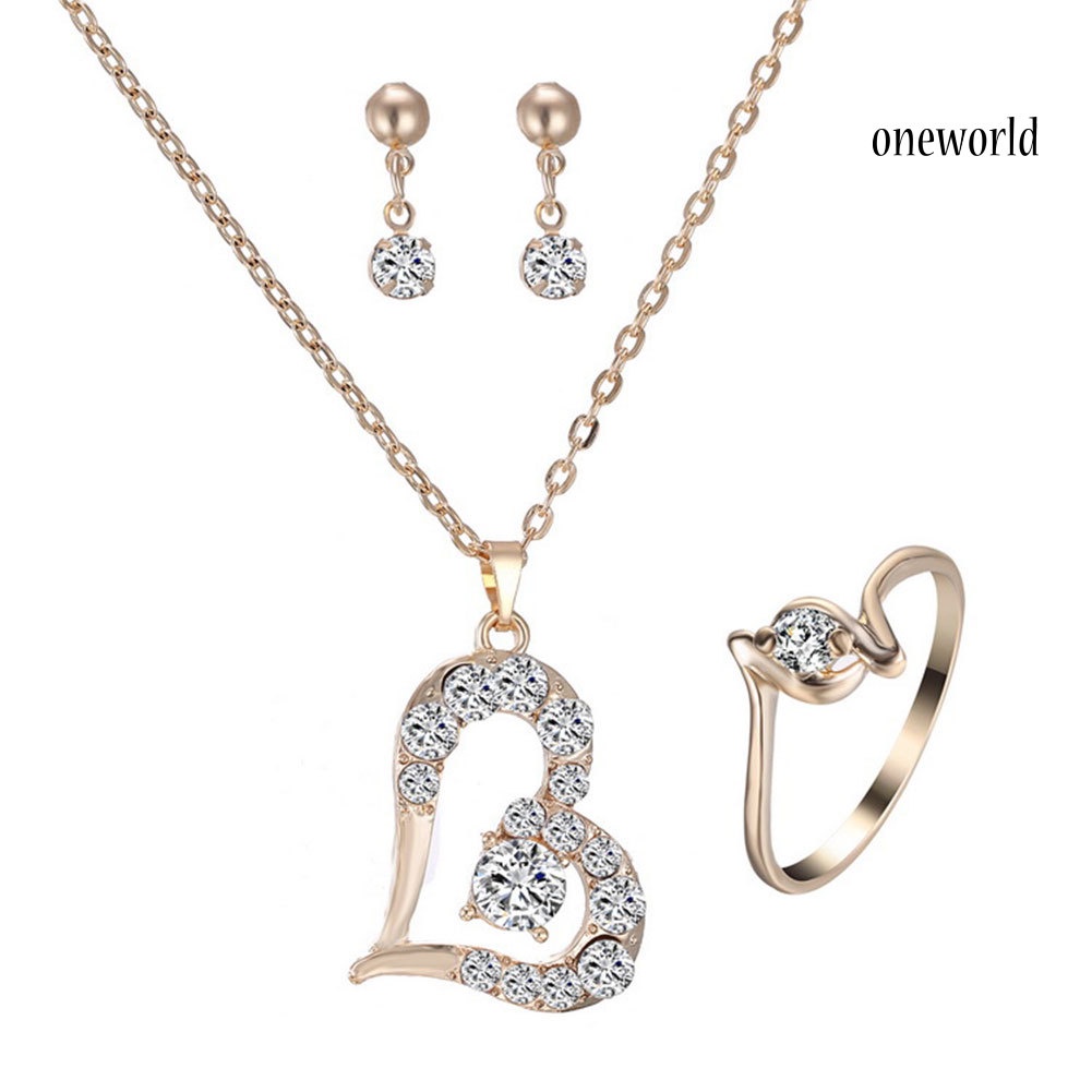 OW@ Luxury Love Heart Pendant Rhinestone Necklace Ring Earrings Women Jewelry Set