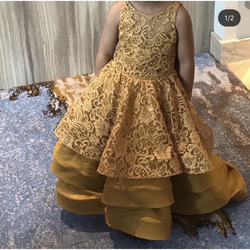 GAUN PESATA ANAK MEWAH PEREMPUAN GOLD