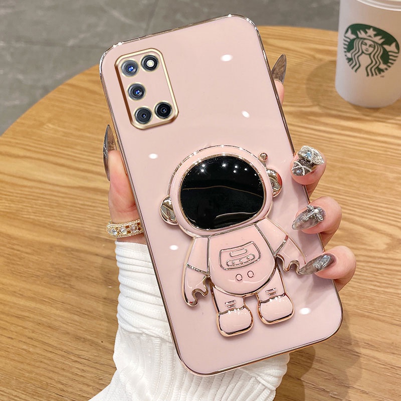 Casing Ponsel OPPO A52 A92 A33 A53 2020 A54 A55 4G A74 5G Warna Permen Astronot Stand Deluxe Camera Case