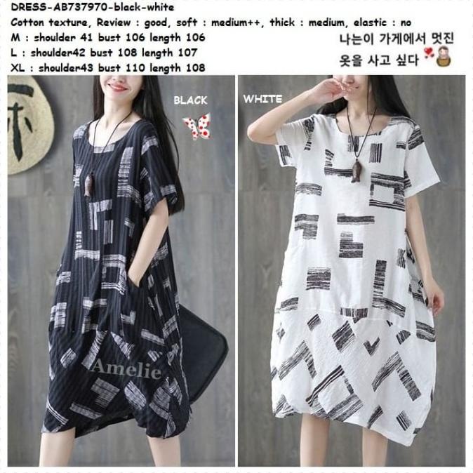 DRESS MINI AB737970 MIDI MINI DRESS HITAM PUTIH WANITA KOREA IMPORT JUMBO BIG DRESS WANITA