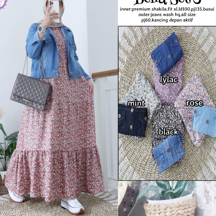 Terbaru.. belia one set jaket jeans crop wanita gamis motif bunga N&D gamis syakila dress import gam