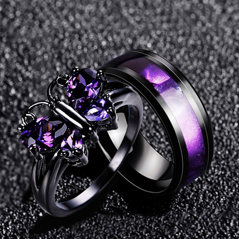 Cincin Desain Butterfly Amethyst Bahan Titanium Steel Untuk Pria Dan Wanita