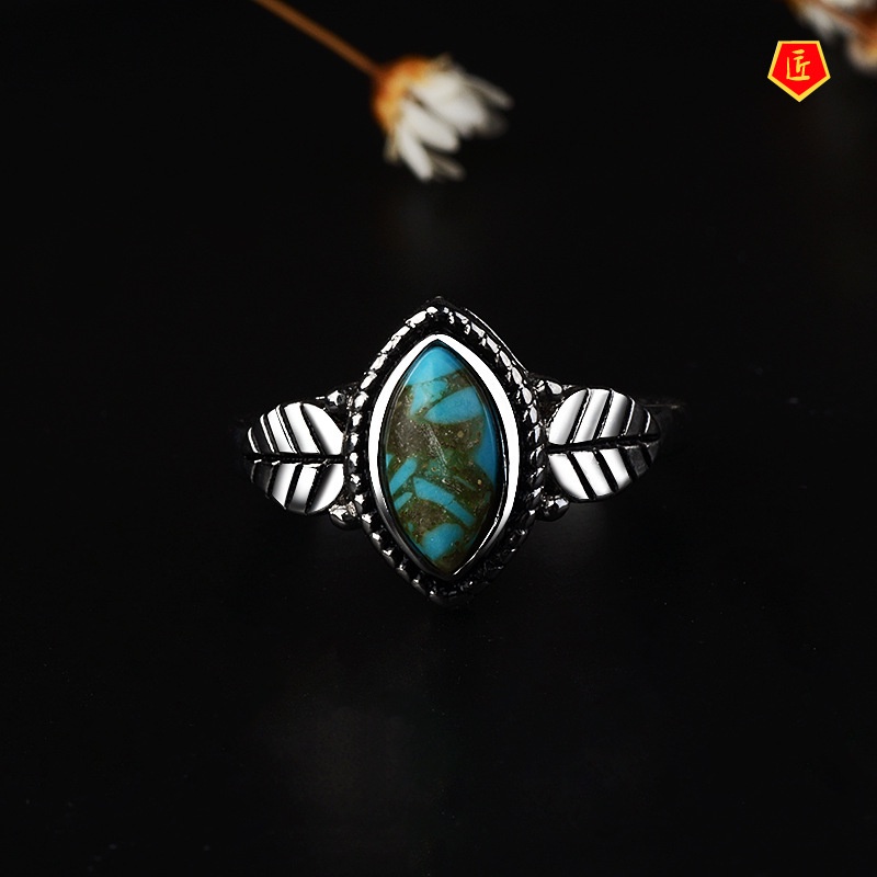 [Ready Stock]Creative Retro Turquoise Leaf Ring Noble and Elegant