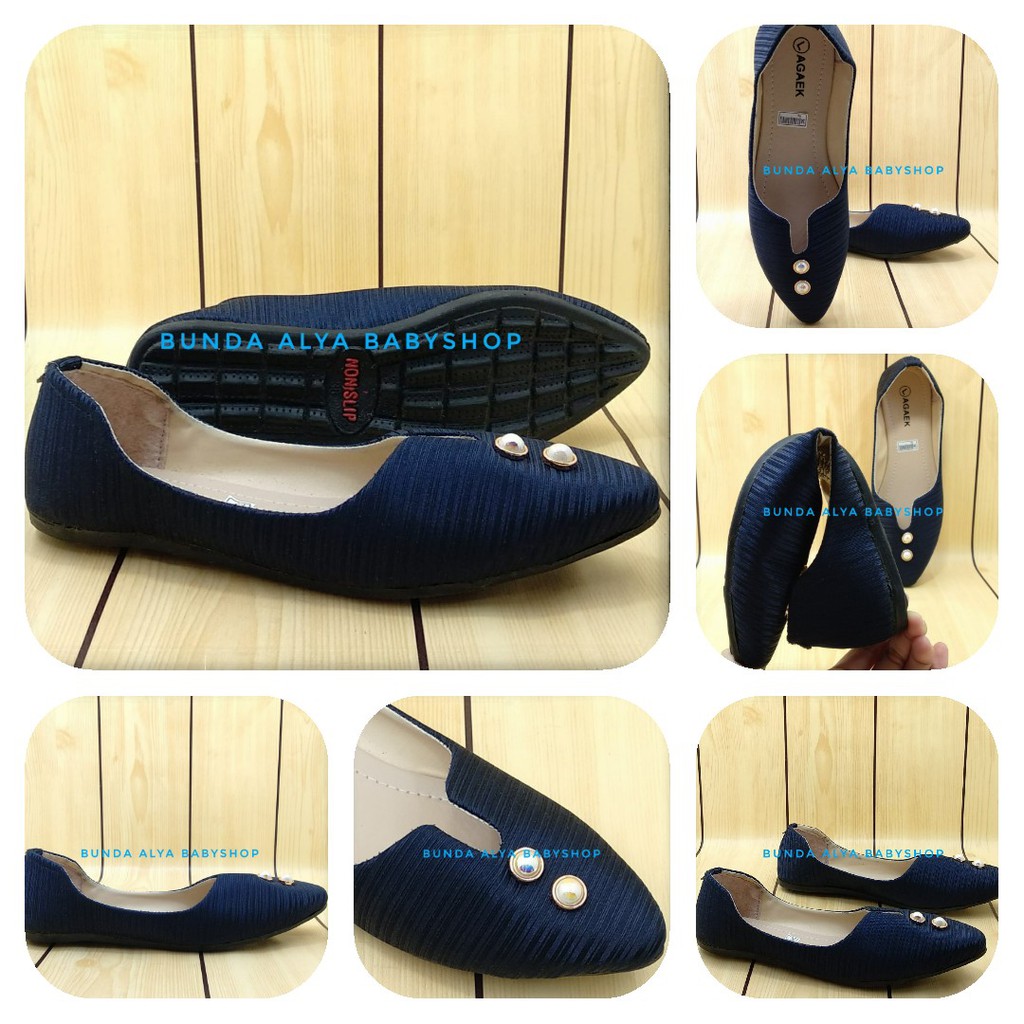 Sepatu Wanita Flat Shoes Mutiara Anti Slip Size 38 - 40 - Sepatu Cewek Simpel NAVY