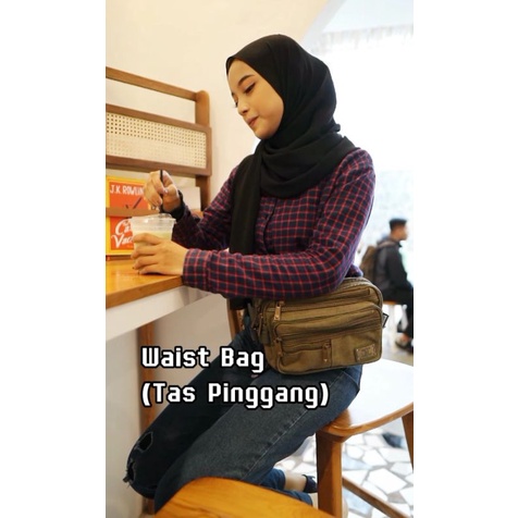 Tas pinggang pria dan wanita waistbag cowok dan cewek air polo bahan kain kanvas import banyak ruang
