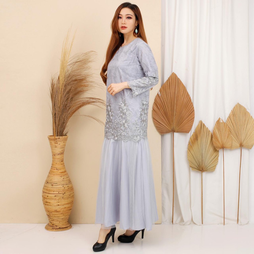 (FULL BRUKAT) Gamis Prilly Tille Duyung Premium Maxi Dress Brukat Tulle Bordir Gliter Fashion M