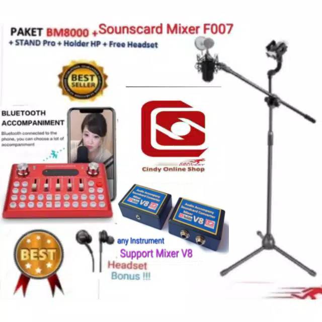 PAKET Bm8000 Stand Tinggi F007 SoundCard Audio Mixer Mac Live Broadcast Karaoke WeSing + Converter