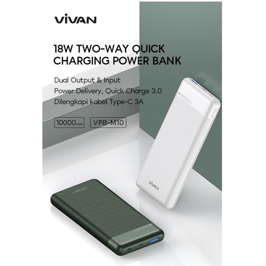 PowerBank VIVAN 10000mah VPB-M10 18W 3 Output Dual Input Port Type C &amp; Micro USB Original Fast Charging Quick Charging PD 3.0 QC 3.0 Real Capacity