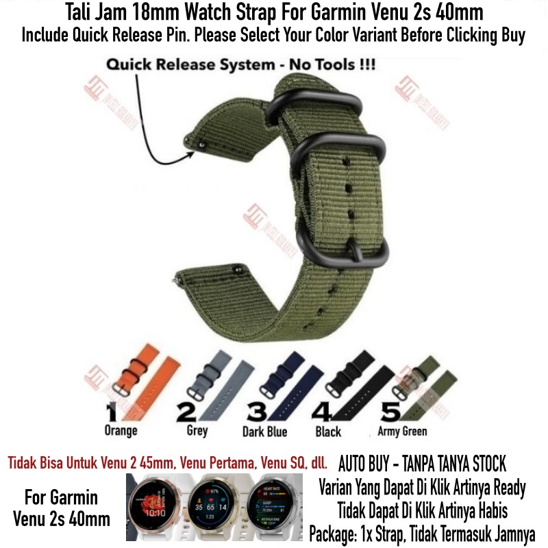 Tali Jam 18mm Watch Strap Garmin Venu 2s 40mm - Nylon Stitching 3 Buckle