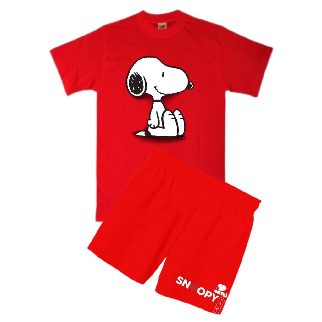 Clothing May - 1 Set Snoopy Merah Putih 1 Set One Set Oneset Satu Pasang Satu Setel Fashion Sepasang Kaos Koas Set Boxer Distro Kekinin T Shirt Tshirt T-Shirt Premium Murah Unisex Sablon Dtf Murah Celana Pria Pendek Tali Kolor Bokser