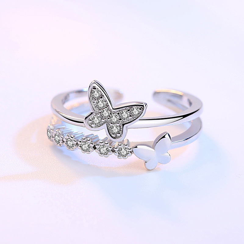 Cincin Perak 925 Asli Cincin untuk Wanita Cincin Dapat Disesuaikan Double Butterfly Fashion Perhiasan Cincin Perak Cincin Wanita