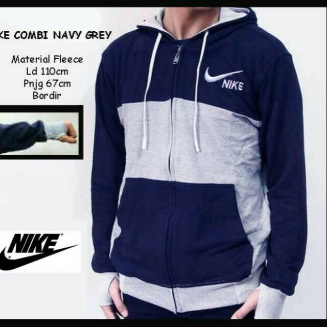 JAKET HOODIE NIKE BAHAN FLEECE TEBAL Navy Grey