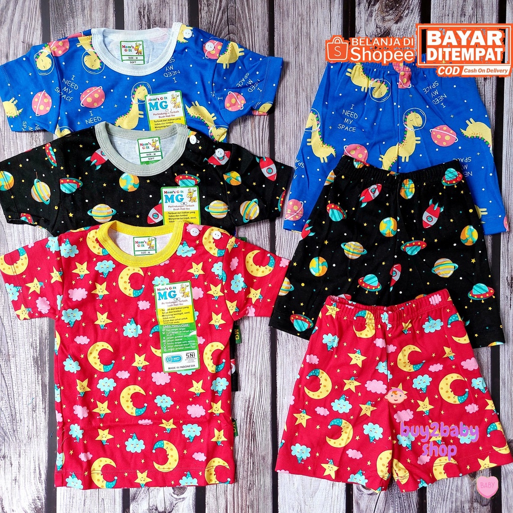 Baju bayi setelan kaos celana pendek full print motif Moms Gift 3-24 Bulan 3 Setelan