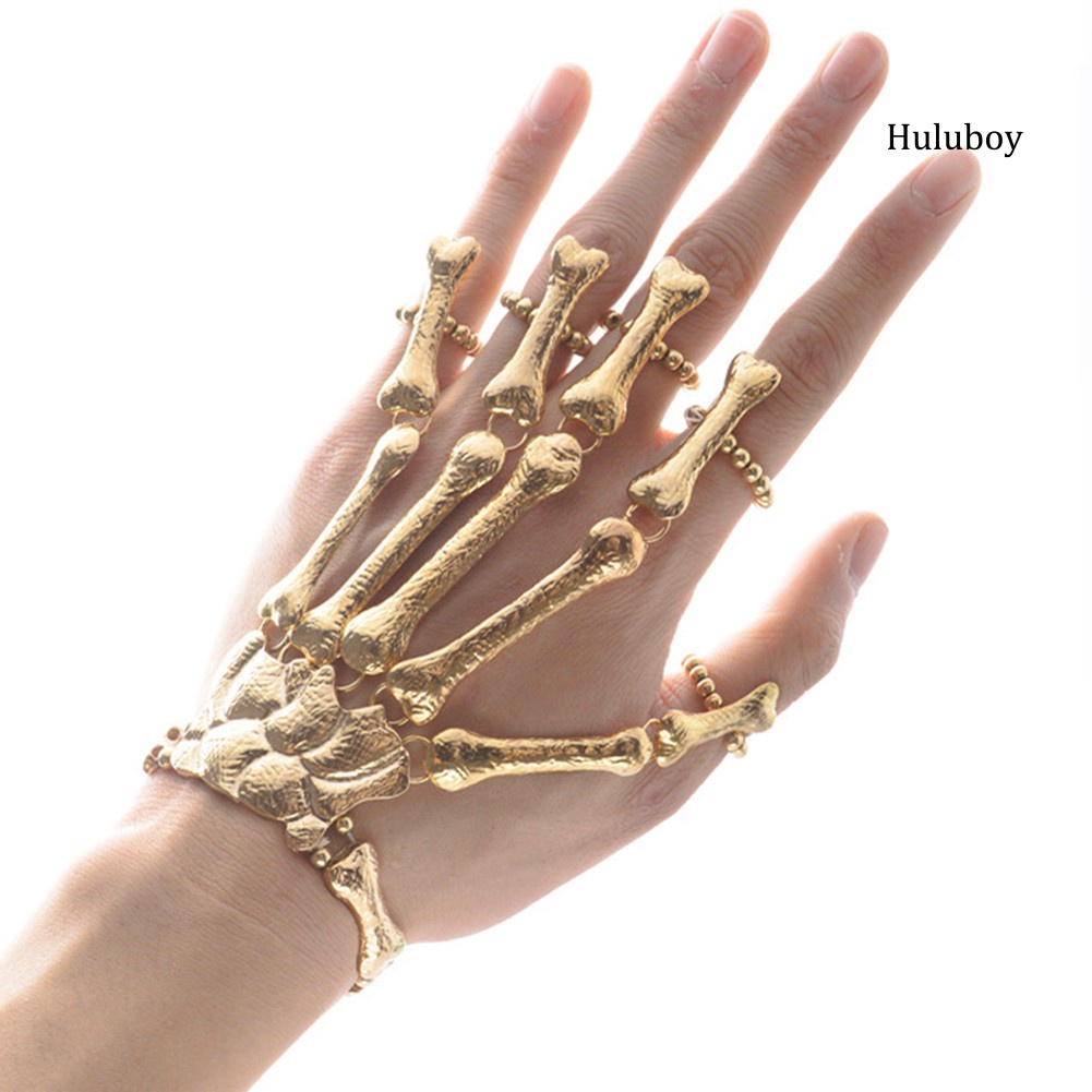 Punk Gothic Skeleton Skull Bone Hand Bangle Finger Ring Bracelet