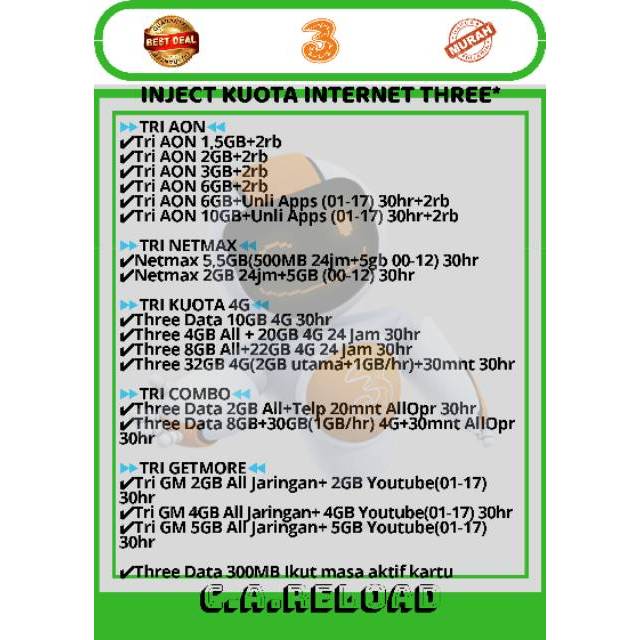 Inject Paket Kuota Data Internet Tri Three Aon Gm Netmax Combo Shopee Indonesia