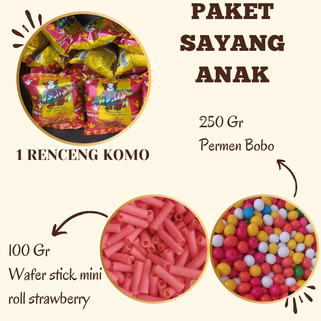 

Paket Sayang Anak Paket Hemat 1 Renceng Komo Permen Bobo dan Wafer stick Mini Strawberry