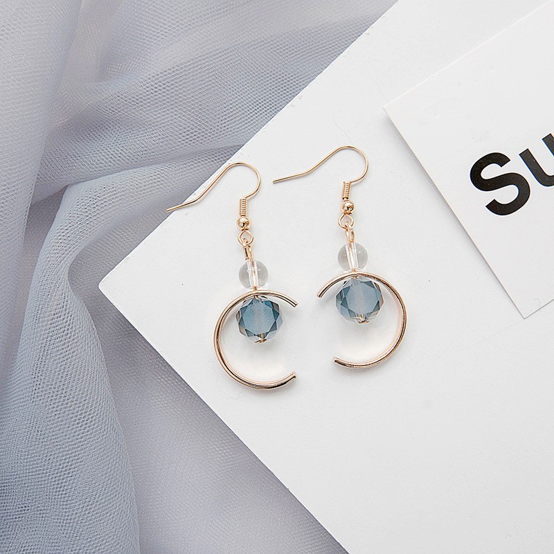 [littlecrab] Anting Wanita Korea Biru Emas Permata Anting Panjang Elegan Simple Beda Kiri Kanan Anting Berkualitas Korean Style