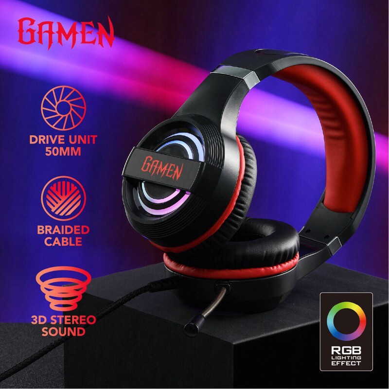 GAMEN GH1100 PRO Gaming Headset With 7 LED Color Breathing Lighting Effect Black garansi