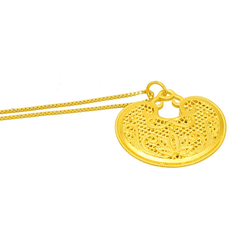 Liontin Desain Tas Fu Lu Shou Long Life Lock Lapis Emas Emas Asli Kadar 375 Untuk Wanita
