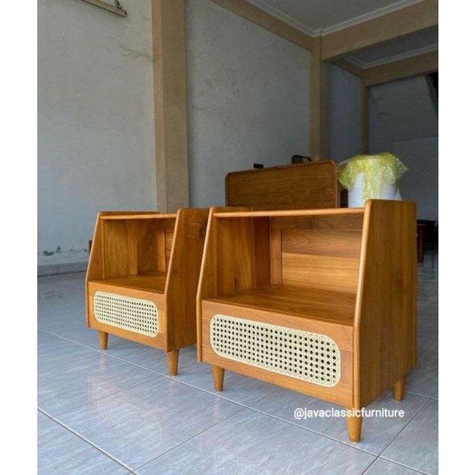 NAKAS RETRO ROTAN MINIMALIS SAMPING TEMPAT TIDUR KAMAR BESIDE TABLE PAJANGAN VINTAGE MURAH BAHAN KAYU JATI NATURAL-2