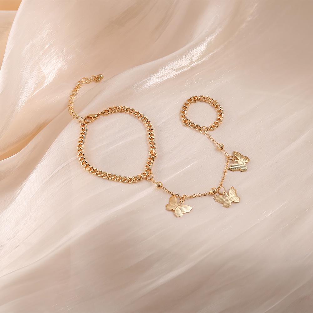 AY(CN) Set Gelang Cincin Rantai Desain Kupu-Kupu Warna Emas Silver Gaya Korea Untuk Wanita