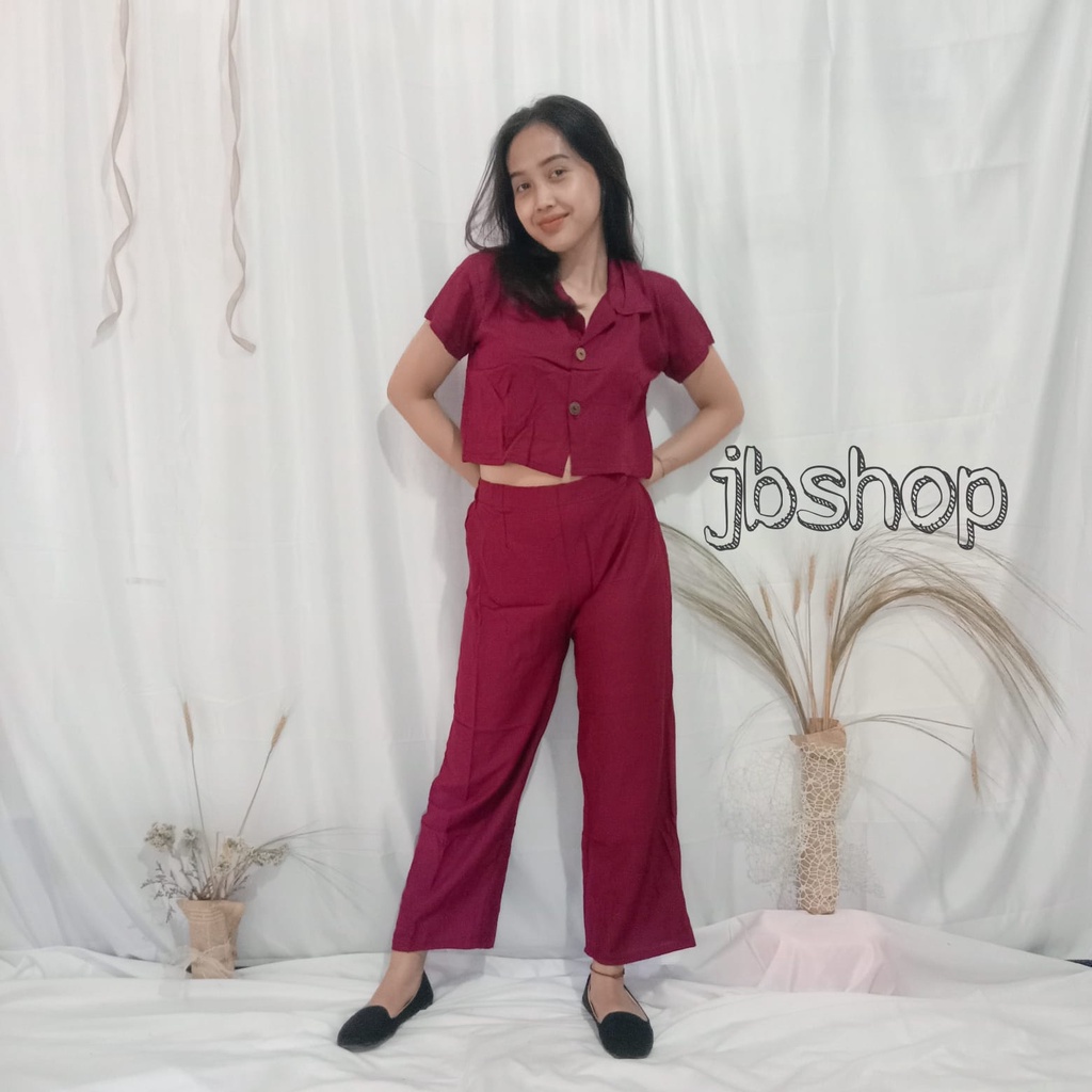 Setelan crop kancing celana panjang premium rayon bali