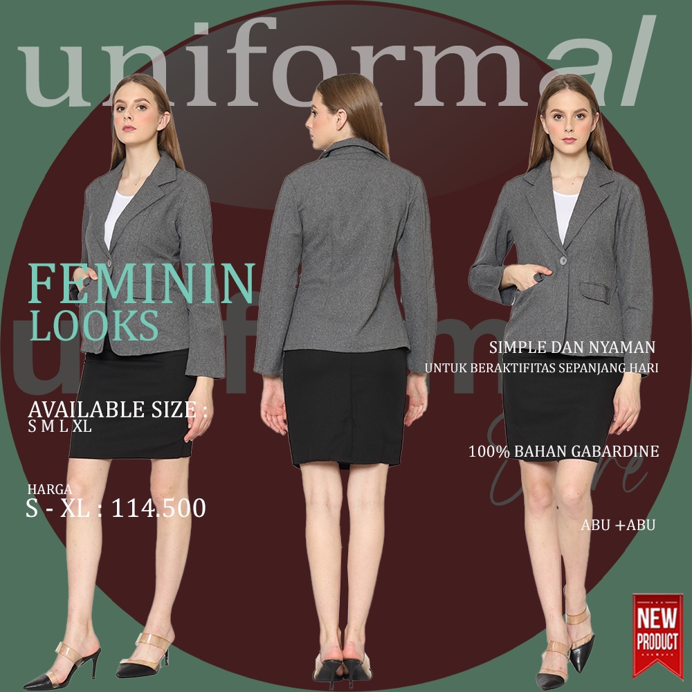Setelan Blazer Formal Dan Rok Mini 3/4 Hitam Dan Abu Blezer Wanita Satu One Set Bahan Gabardine