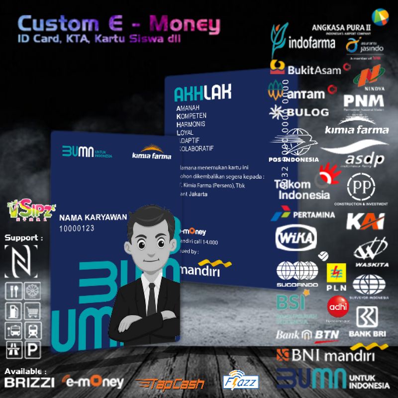 Custom E - Money / BUMN / ID Card / KTA / Member Club / Kartu Siswa / Mahasiswa / Paling murah / print UV / doff