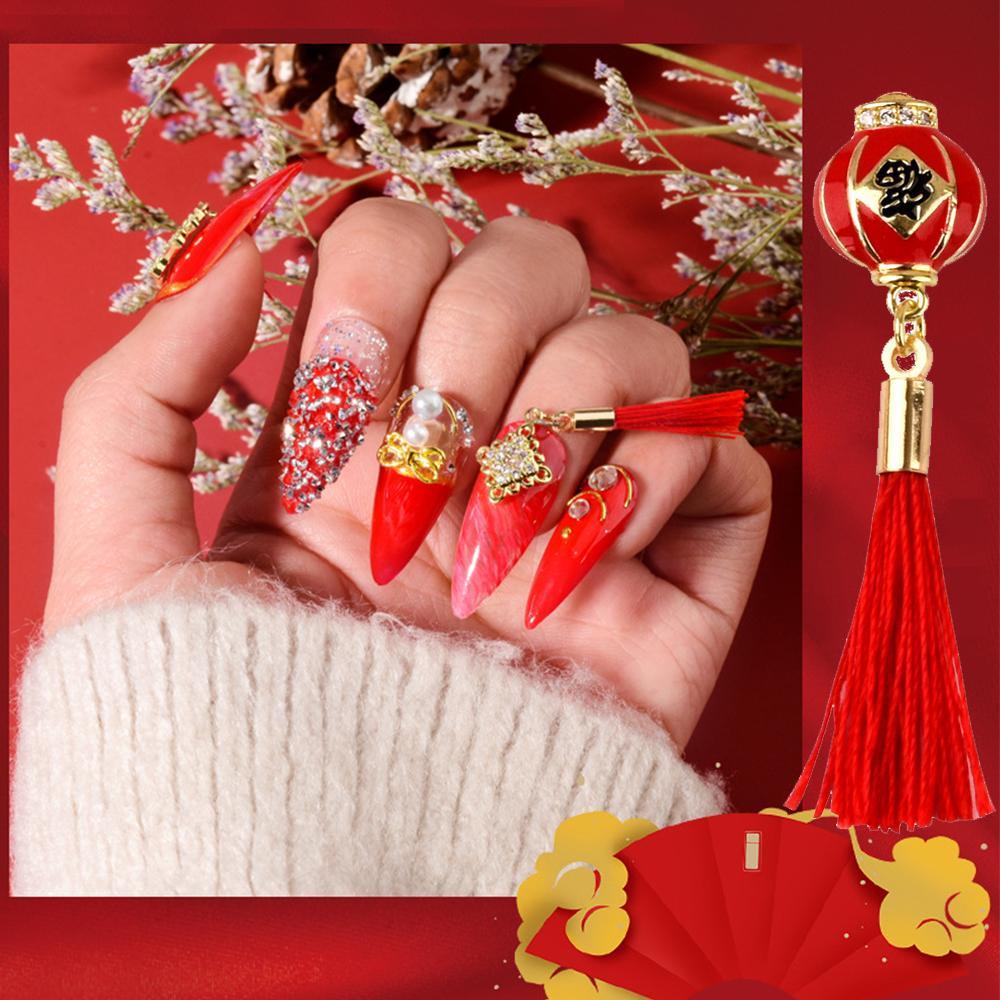 AUGUSTINA Agustina 3D Kuku Berlian Imitasi DIY Zirkon Merah Rumbai Manikur Kristal Simpul Cina