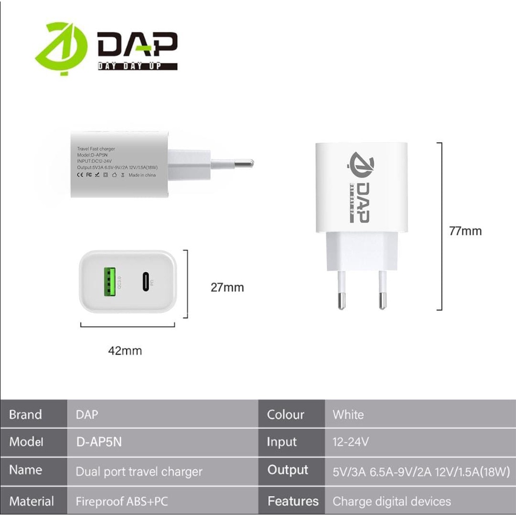 (DAP) D-AP5N Charger Power Super 18W Quick Charge PD+QC3.0 POWER DELIVERY 3A DAP CHARGER