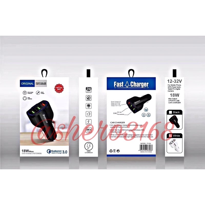 Travel charger mobil Saver car Qualcomm QC 3.0A 3USB Original