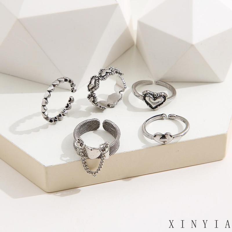 5pcs / Set Cincin Jari Telunjuk Model Terbuka Desain Hati Hollow Gaya Retro