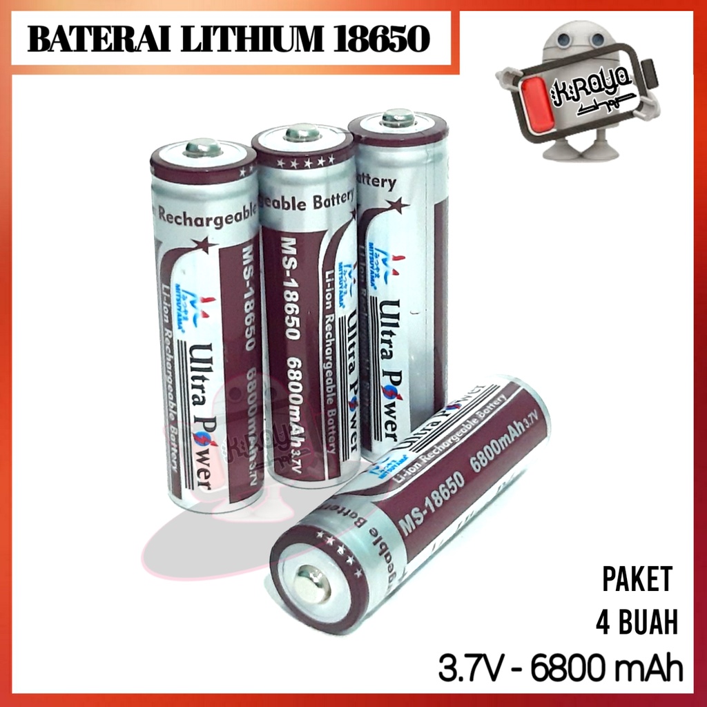 Baterai 18650 Li-ion 3.7volt - 6800mAh Warna Coklat Plus Timbul Paket Isi 4pcs