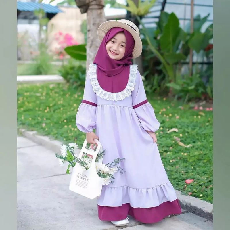 GAMIS MUSLIM SYARI ANAK 7-9 TAHUN/ALESHAKIDS/GAMIS ANAK RENDA BAHAN MANGGO CREPE/BAJU MUSLIM ANAK TERBARU/ KIDS FASHION/FAR MOSLEMSTORE