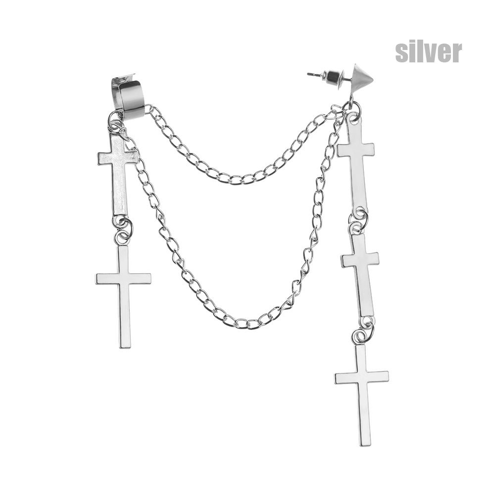 Anting korea wanita panjang model tusuk tindik ring rantai gantung rumbai earring untuk cewek gaul edgy motif kupu mahkota daun warna emas silver import-Salib Black