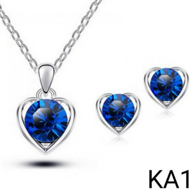 Set Perhiasan Kalung Anting Batu Biru Safir Model Love KA13