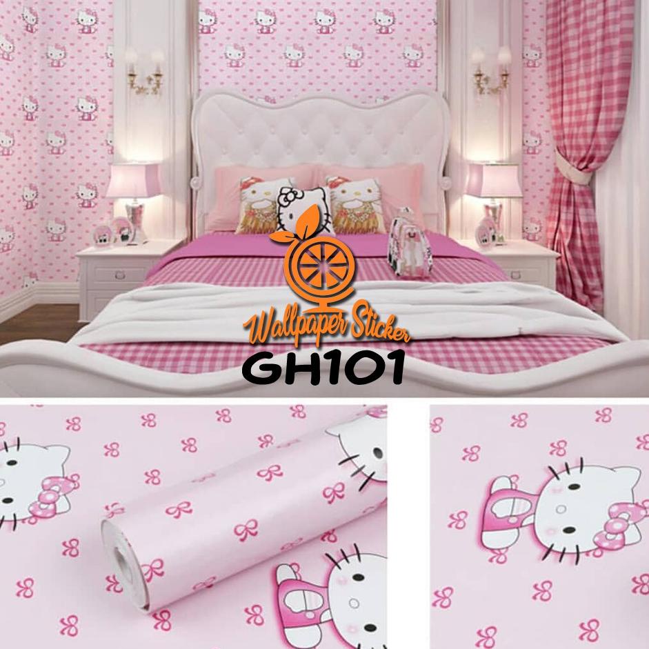 ❅ Wallpaper Sticker Karakter Hello Kitty Pink 45Cm X 10M Wallpaper Dinding Anti Air Funny Modern Tahan Lama Wallpaper Kamar Tidur ➢
