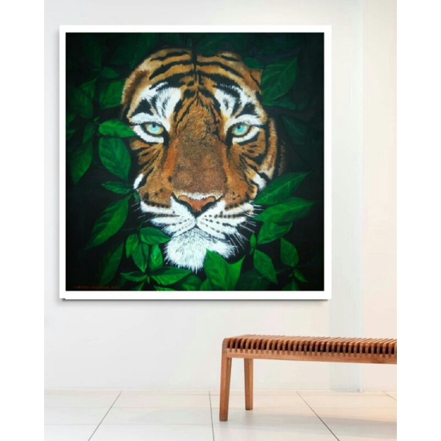 lukisan harimau size 100 x 100 cm media acrylik luoisan bersertifikat