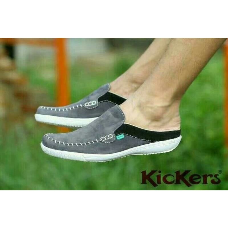 MS SHOP - NEW SHOES - Sepatu Selop Pria Santai Kickers Stiching Slop Abu Bustong Cowok Suede Keren