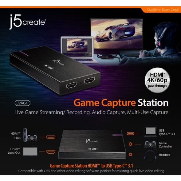 J5Create JVA04 Game Capture Station 4K HDMI™ to USB-C™ | Alat perekam | video kamera recording