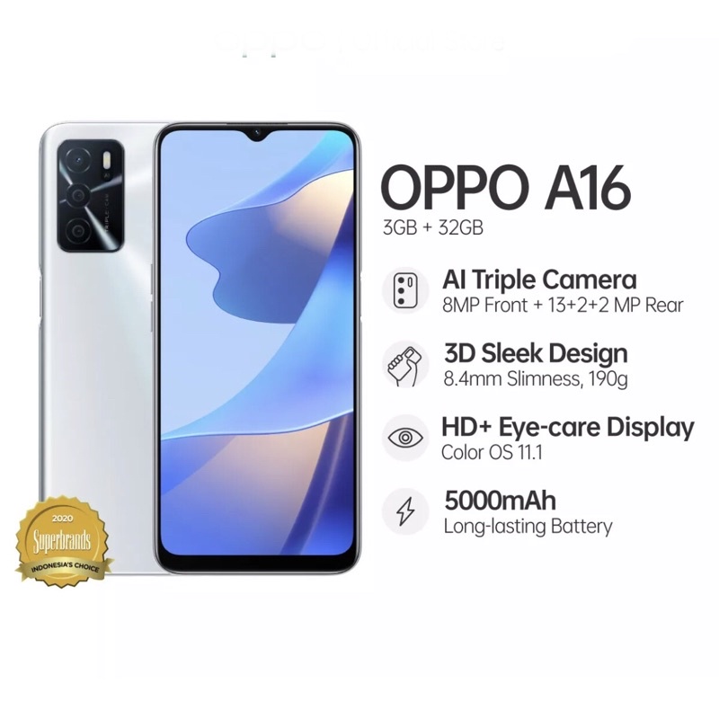 Oppo A16 [3GB+32GB] Helio G35 - 13MP Triple Camera - 6.52&quot; IPS LCD - 5000mAh Garansi Oppo 1 Tahun