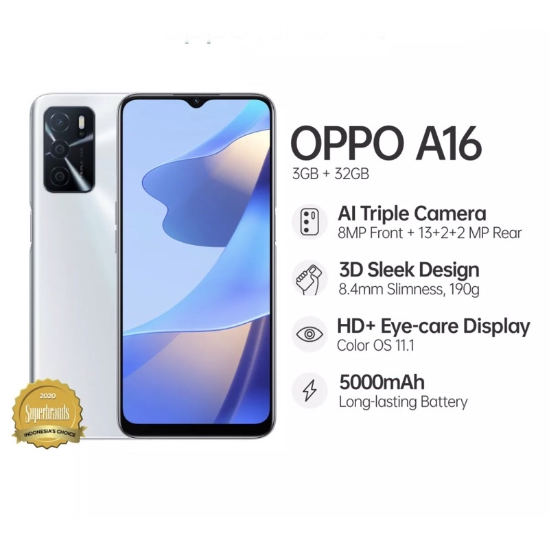 Oppo A16 [3GB+32GB] Helio G35 - 13MP Triple Camera - 6.52&quot; IPS LCD - 5000mAh Garansi Oppo 1 Tahun