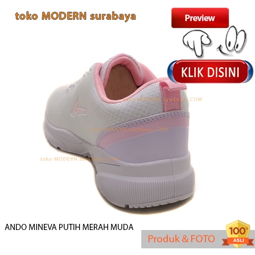 Sepatu wanita olahraga sneakers kets tali ANDO MINEVA PUTIH MERAH MUDA