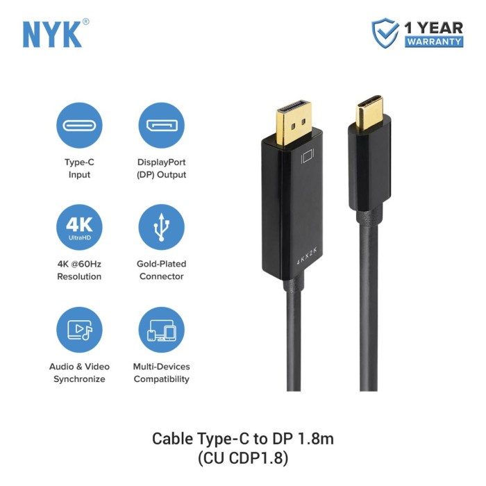 NYK Kabel Type C to Display Port 1,8 m - Gold Plate 4K