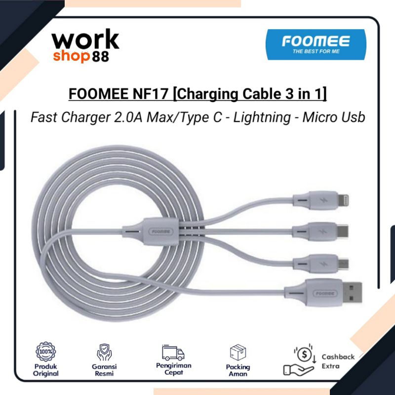 Baru Kabel Data FOOMEE NF17 3in1 (Usb to Micro | Type C | Lightning) Fast Charging 1200mm - New Orig